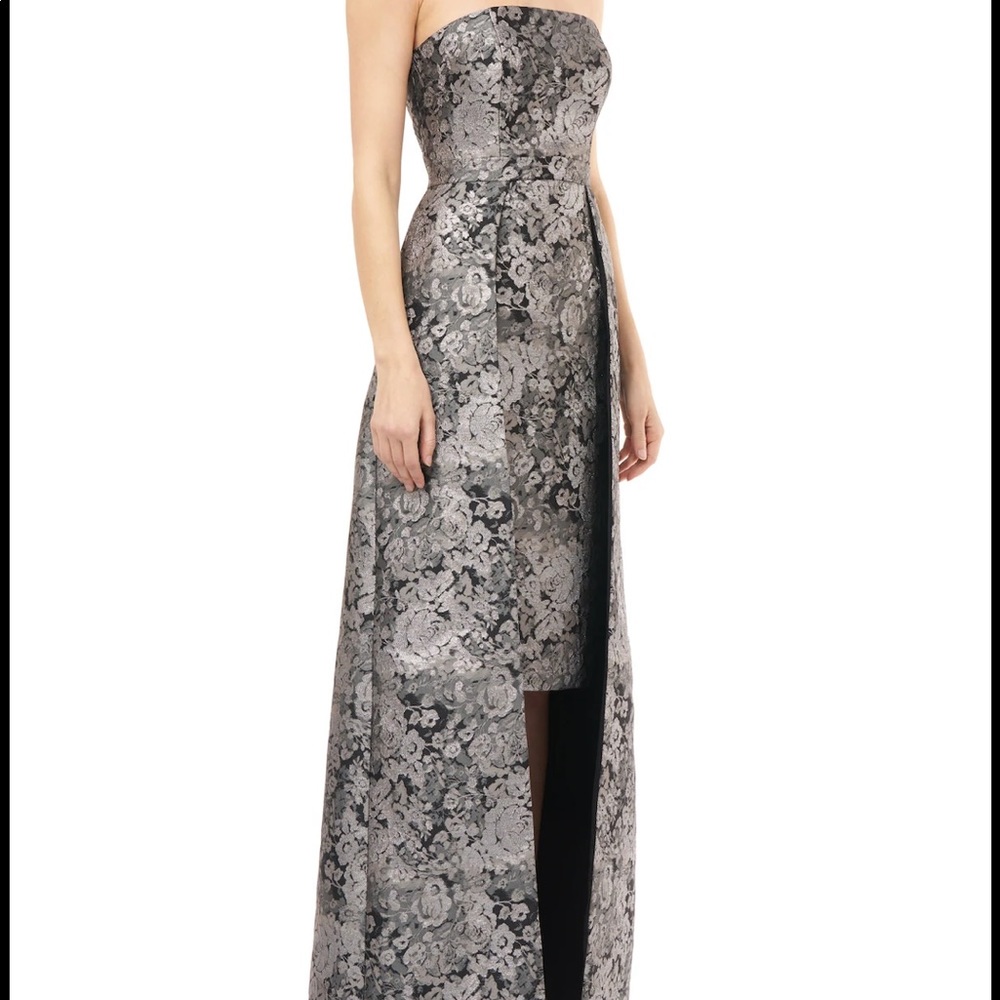 NWT Kay Unger Paloma Silver Jacquard Strapless Dress